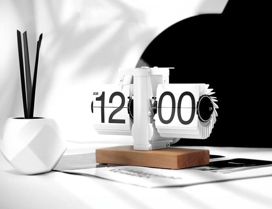 WHITE FLIP CLOCK WITH WOODEN BASE