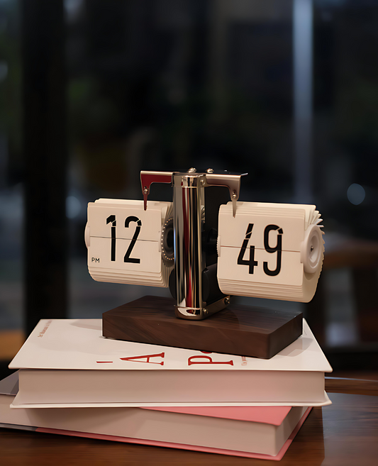 steel white Flip clock with wooden base