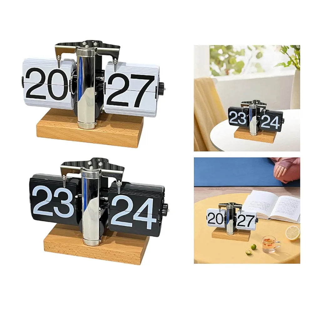 Premium Stainless Steel Flip Clock with Wood Accent