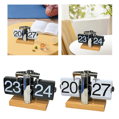 Premium Stainless Steel Flip Clock with Wood Accent