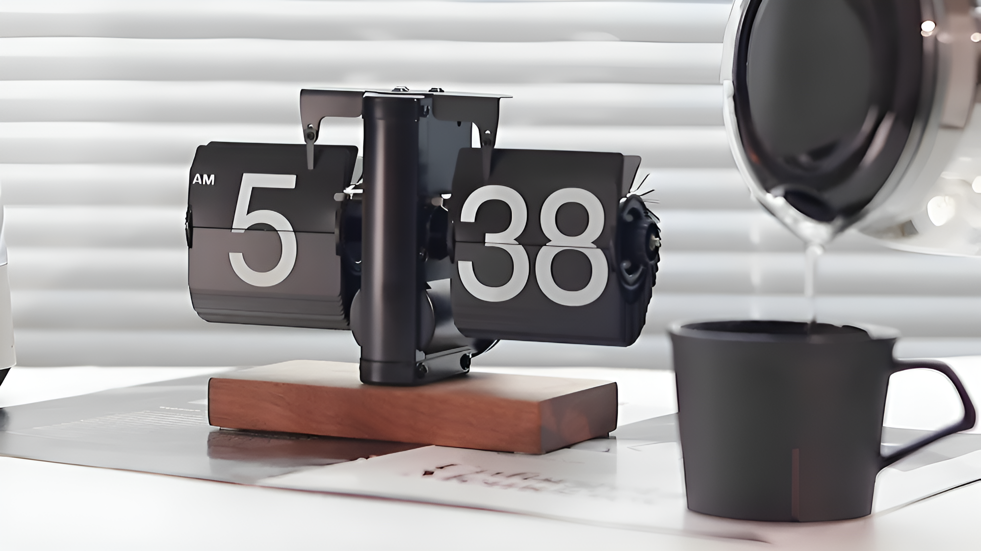 Flip clock with wooden base on a table 