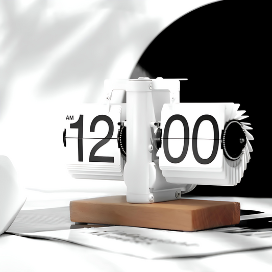 white Flip clock with wooden base